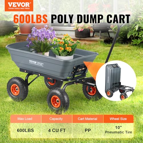 Gray 4 Cu.Ft. 600lbs Poly Garden Cart Dump Wagon with Steel Frame O96422