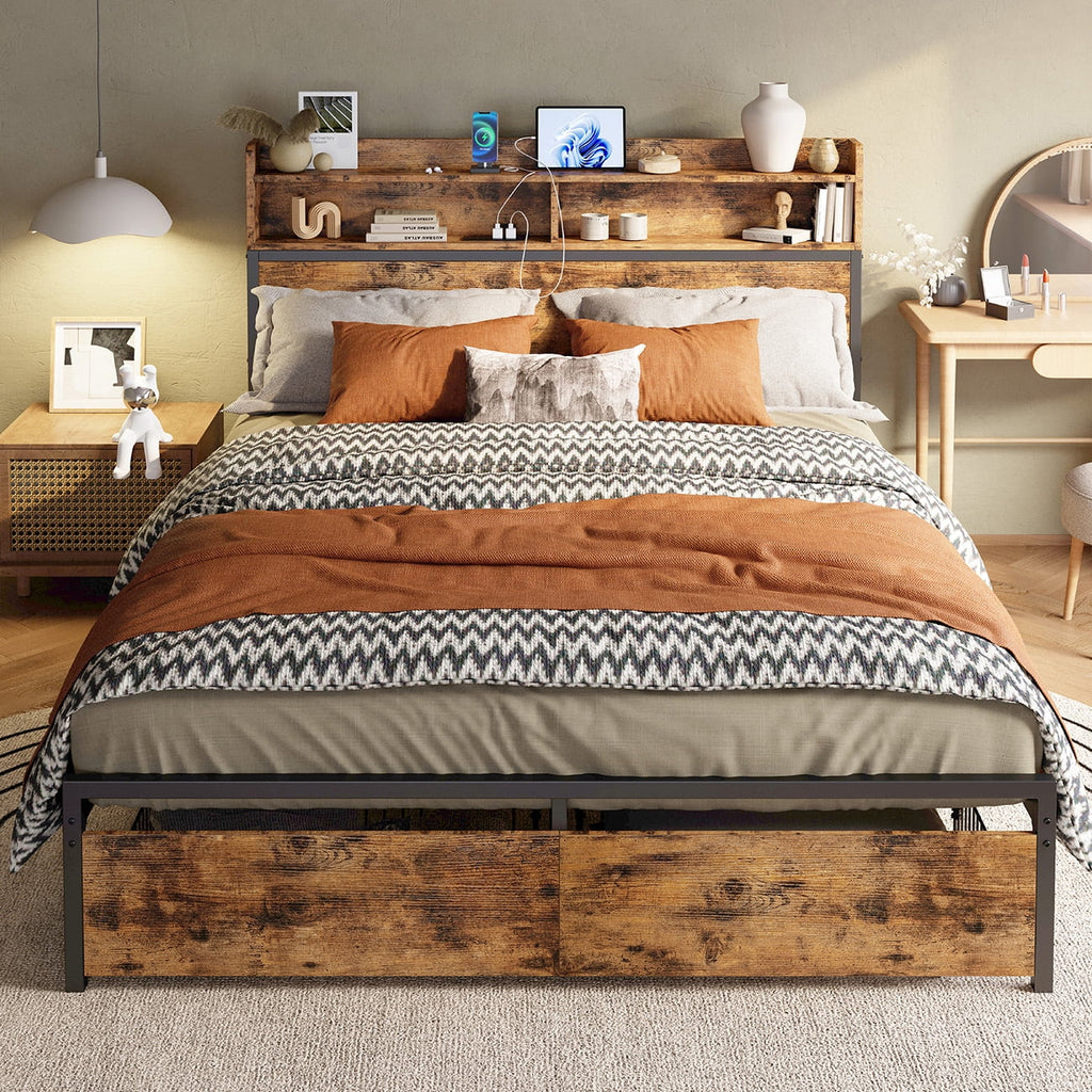 Full Platform Bed Frame with Storage Headboard and 2 Under-bed Drawers C2268