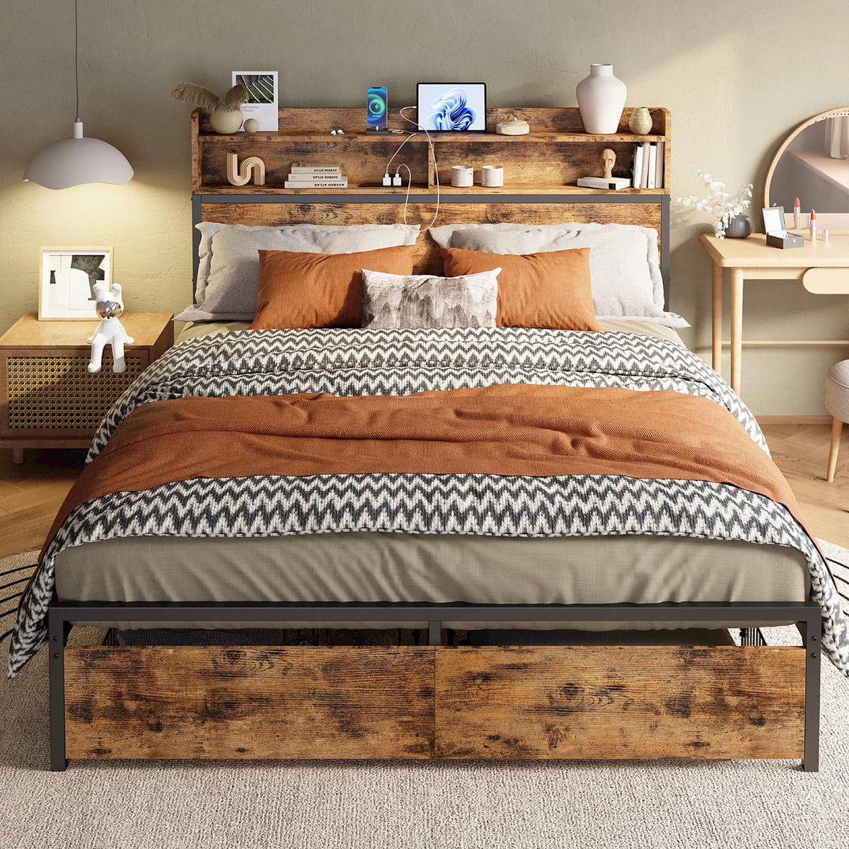 Full Platform Bed Frame with Storage Headboard and 2 Under-bed Drawers C2268