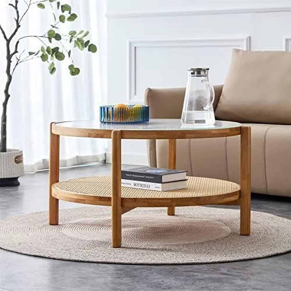 Rectangle Glass Top Solid Wood Coffee Table I693