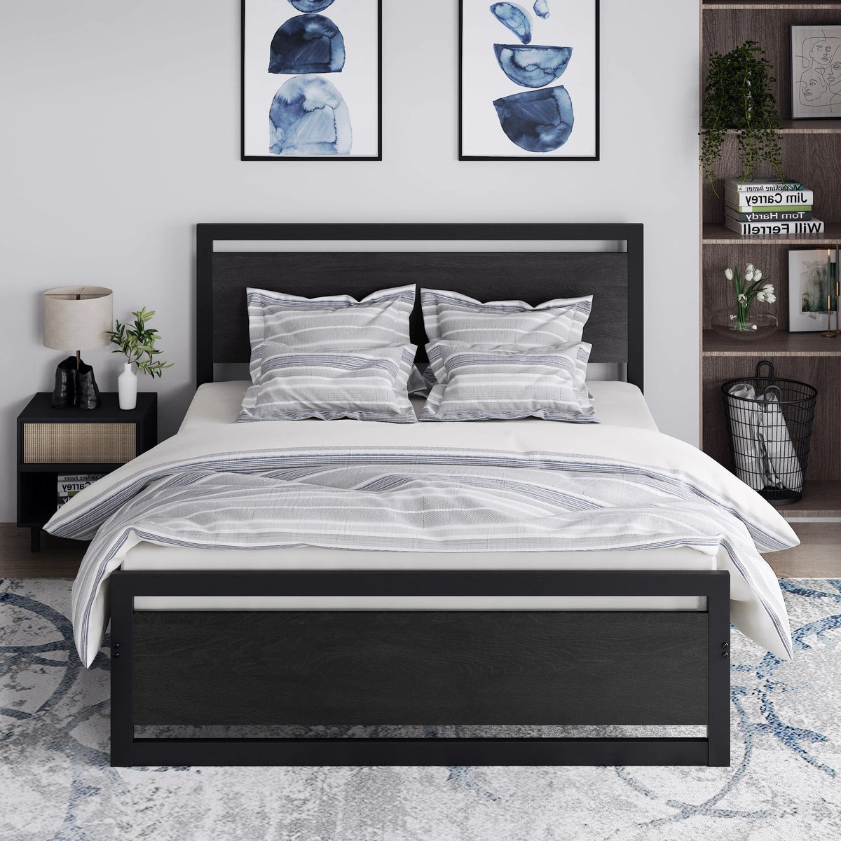 Queen Size Metal Platform Bed Frame with Wooden Headboard Footboard O31391