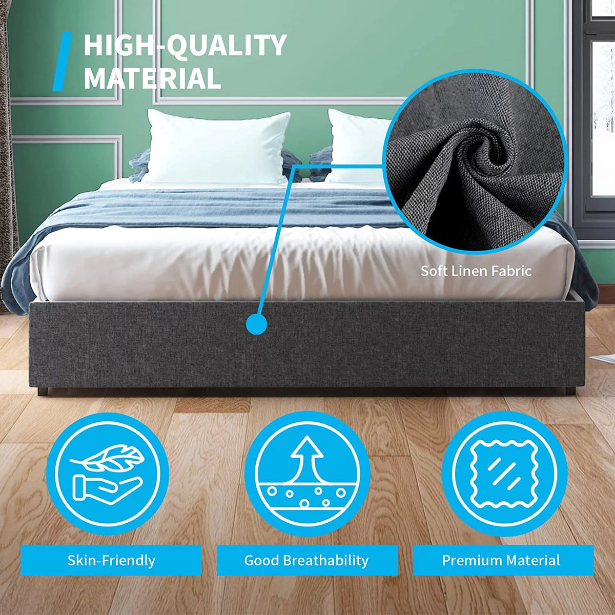 Cal King Size Platform Bed Frame with 4 Storage Drawers Cotton Linen Fabric Dark Grey P408123