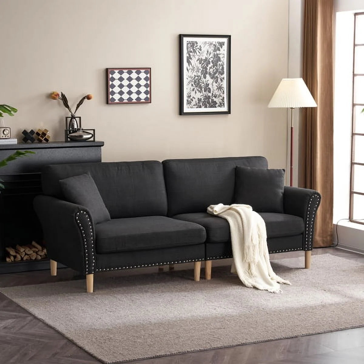 Black Upholstered 2-Seat Sofa with 2 Pillows Q381206
