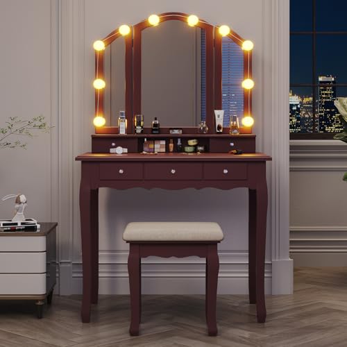 White Vanity Table Set with Lighted Mirror and Stool L52646