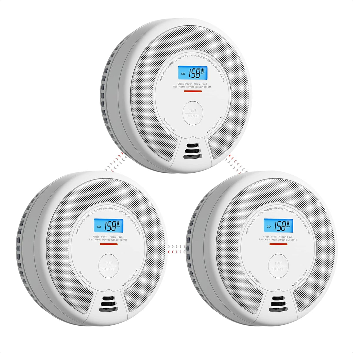 Wireless Interconnected Combination Smoke and Carbon Monoxide Detector with LCD Display, 10-Year Battery, Pack of 3 L289047