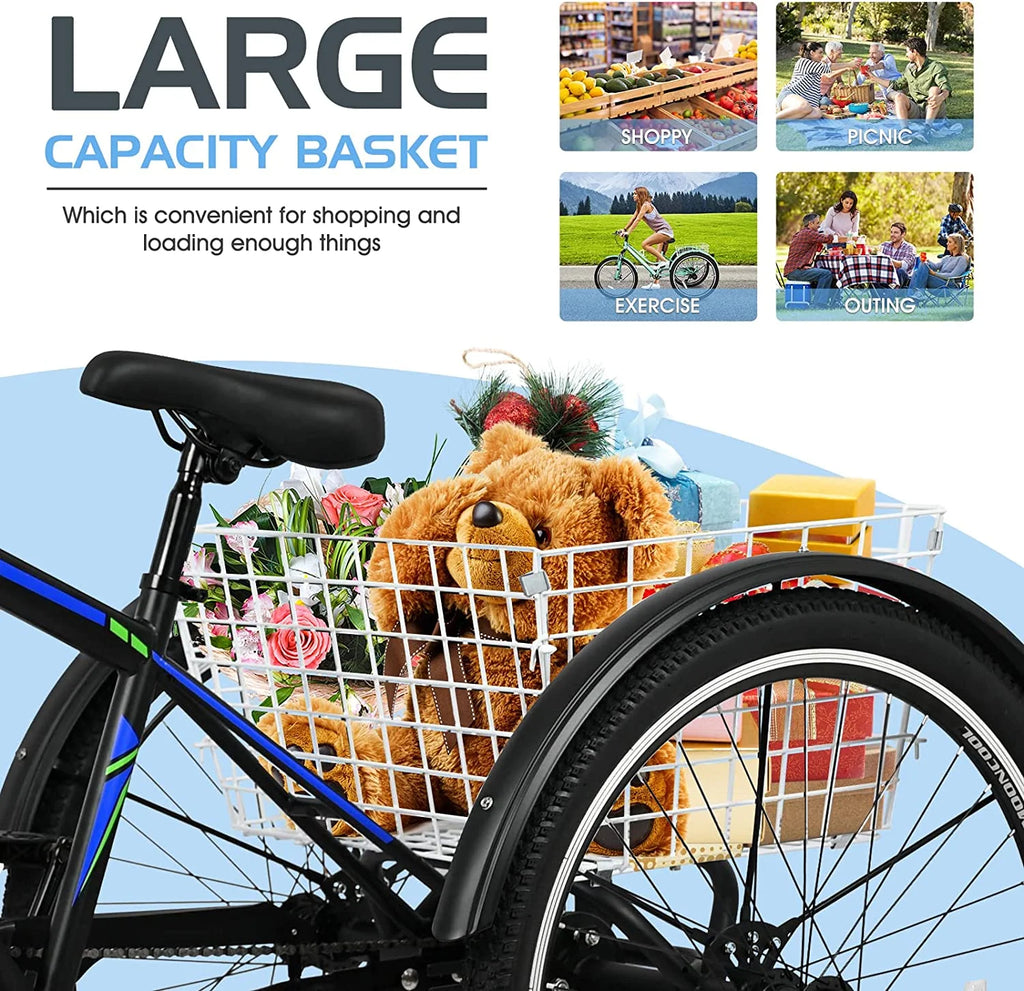 Adult Mountain Tricycle 27.5 Inch 7 Speed Three Wheel Trike Bike with Large Basket S5808