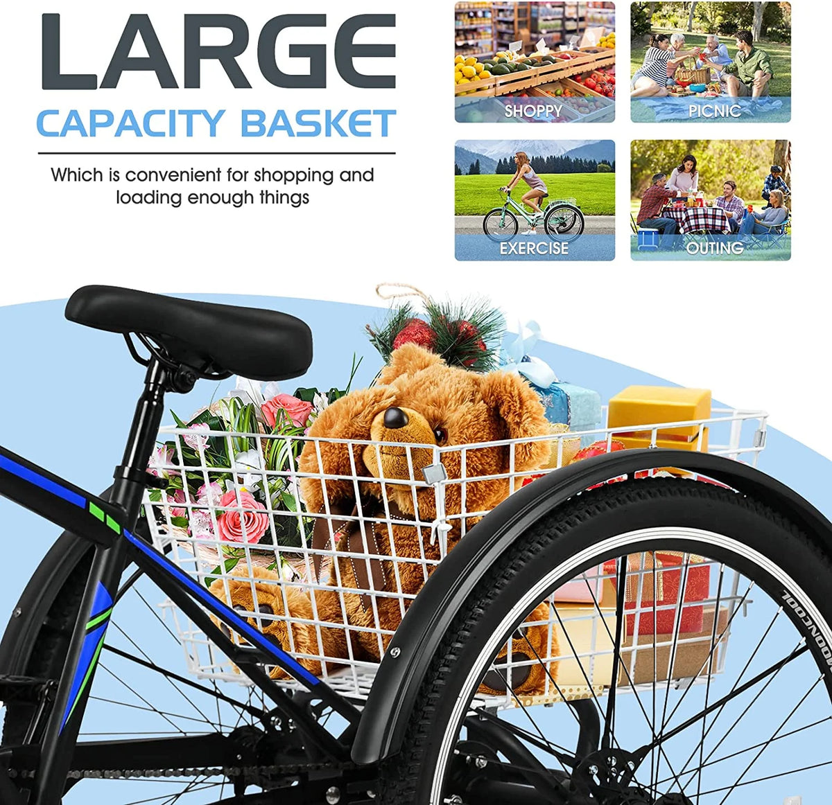 Adult Mountain Tricycle 27.5 Inch 7 Speed Three Wheel Trike Bike with Large Basket S5808