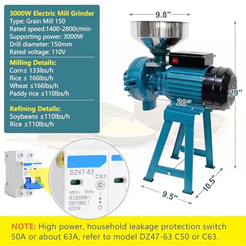 Electric Grain Mill Grinder, 3000W 110V Commercial Grain Grinder Machine with Funnel M8030