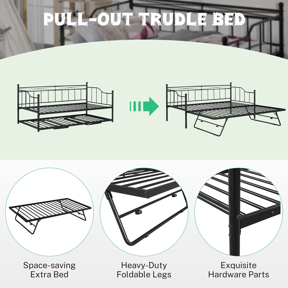 Black Twin Size Metal Daybed with Trundle J351377
