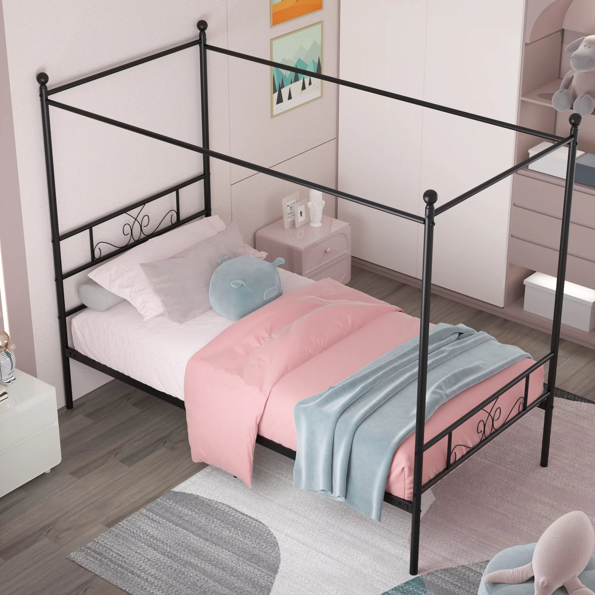Twin Size 4-Post Canopy Bed Frame Metal Platform with Headboard Footboard P1150