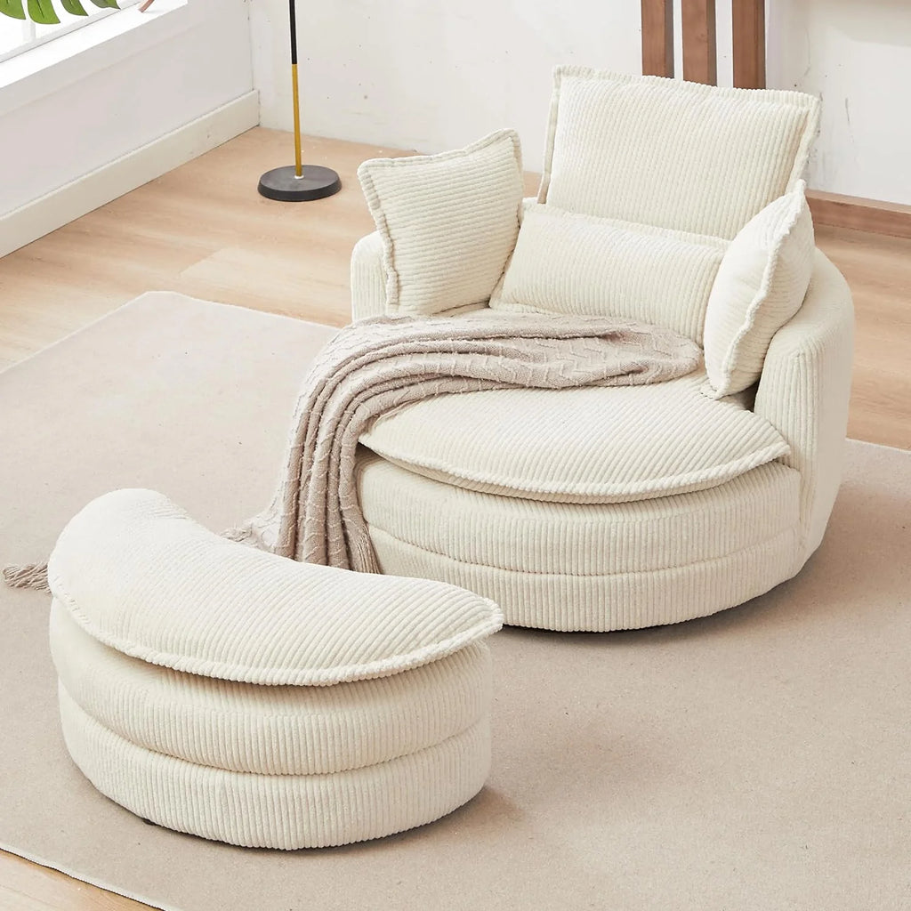 Beige Corduroy Tufted Swivel Accent Chair with Ottoman G2864