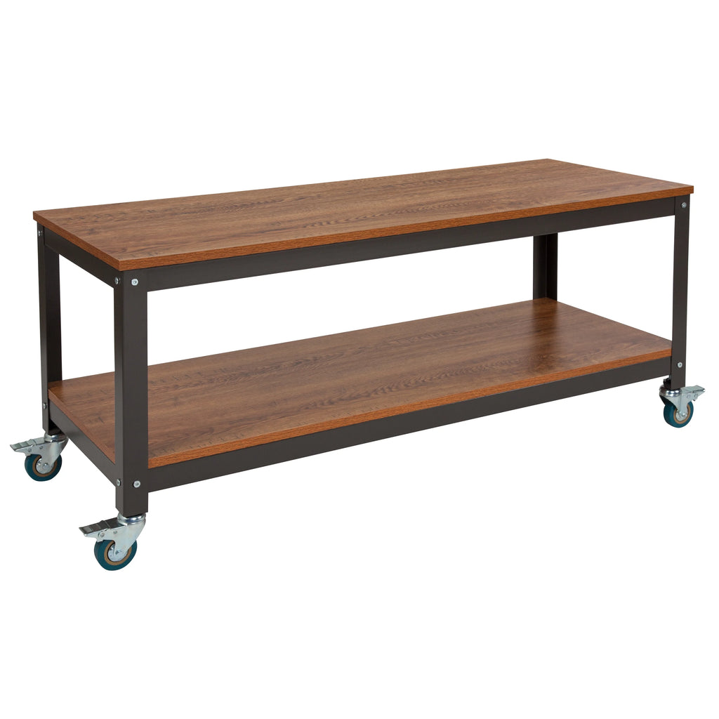 Brown Oak Wood Grain TV Stand with Metal Wheels Y697661