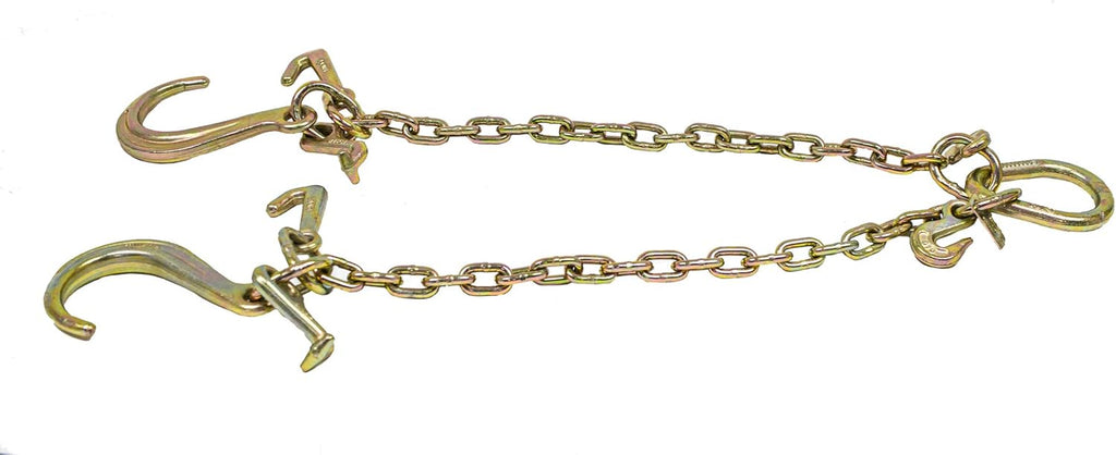 (2 Pack) 5/16'' x 3' G70 V-Chain Bridle with 8" Medium J Hooks, T-Hook & J-Hook with Grab Hooks 3' Legs 4700 lbs WLL V950822