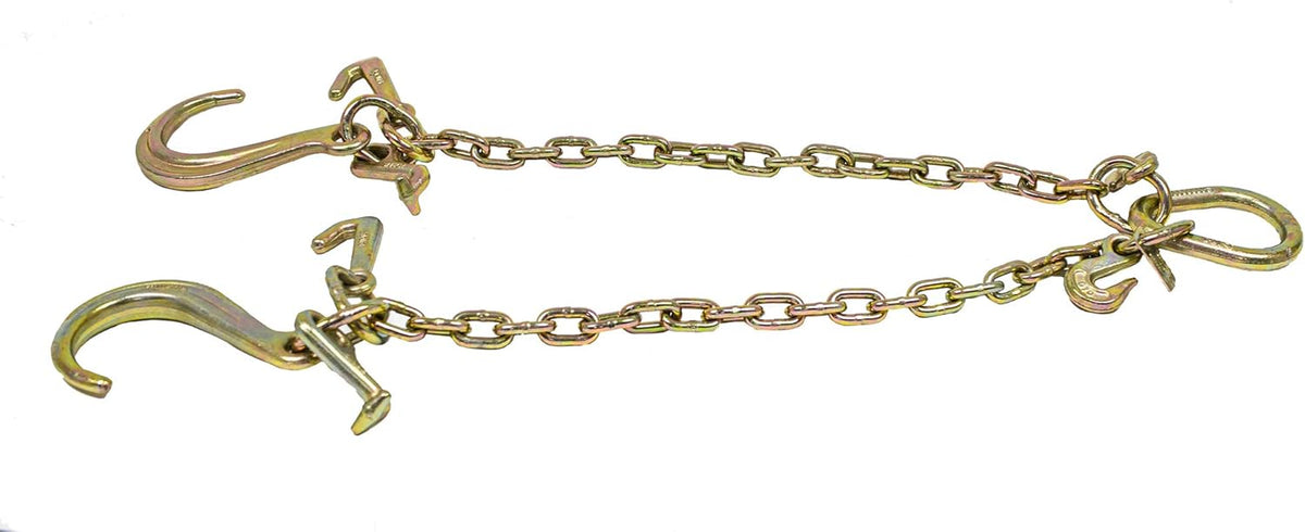(2 Pack) 5/16'' x 3' G70 V-Chain Bridle with 8" Medium J Hooks, T-Hook & J-Hook with Grab Hooks 3' Legs 4700 lbs WLL V950822