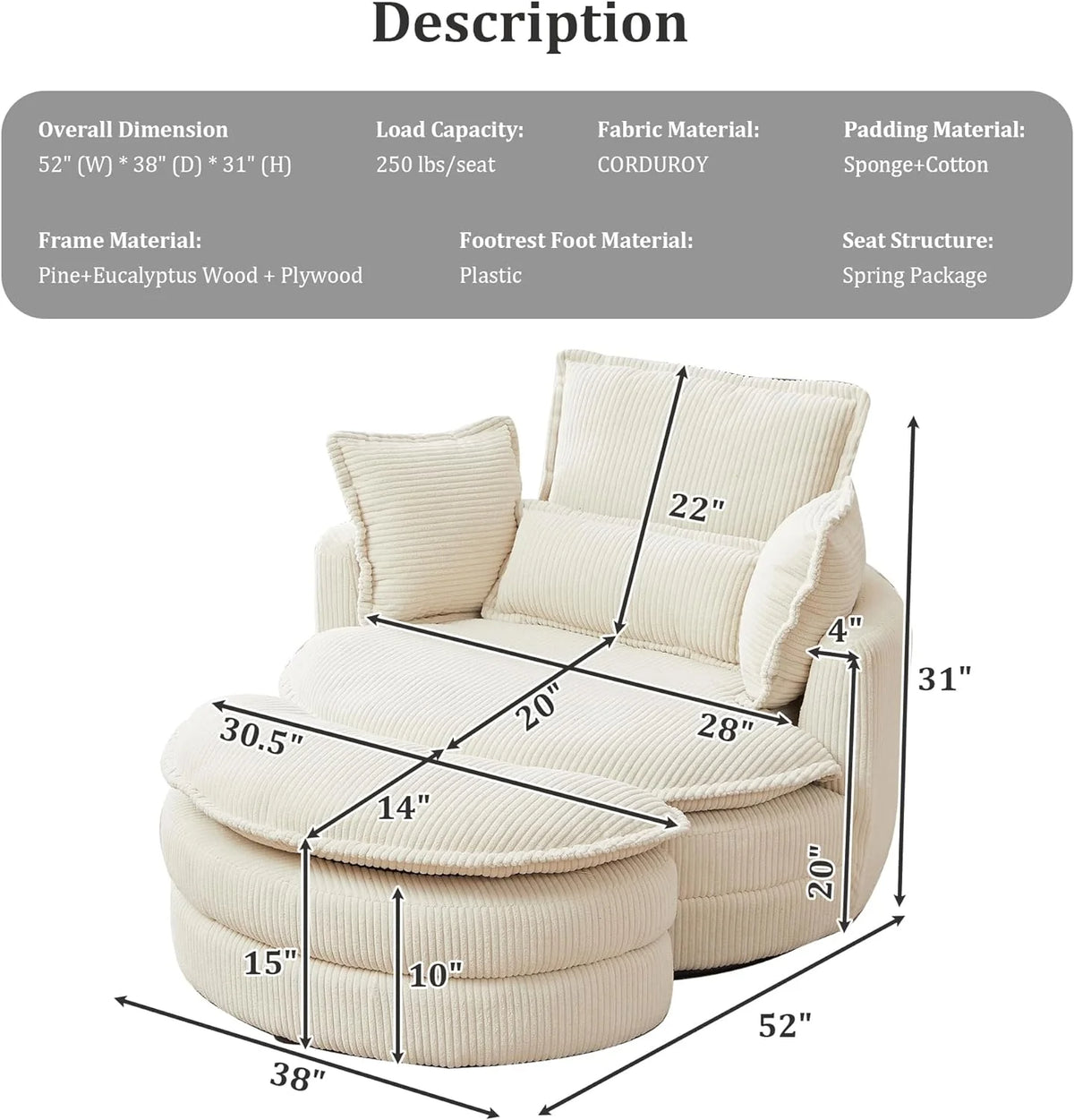 Beige Corduroy Tufted Swivel Accent Chair with Ottoman G2864