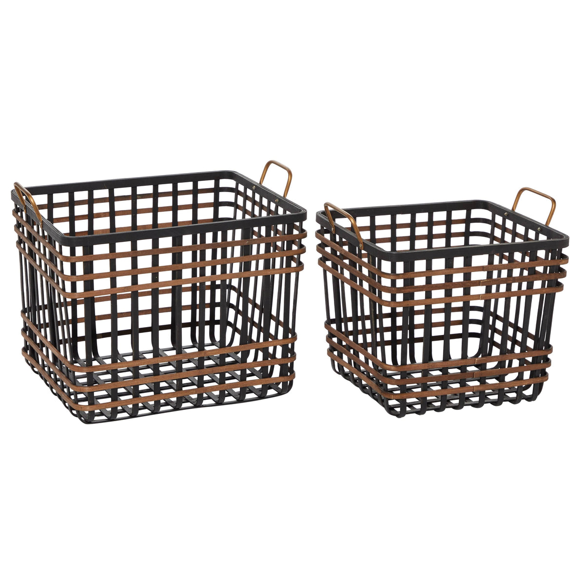 Black Bamboo and Antique Gold Metal Basket with Handles, Set of 2 Z8271