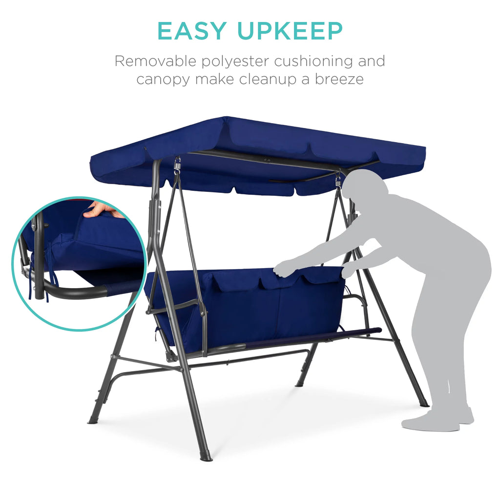 2-Person Convertible Canopy Swing Glider Lounge Chair with Removable Cushions Blue Z678900