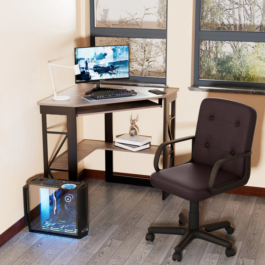 Corner Computer Desk & Chair Set, Adjustable Height Ergonomic Office Chair with Keyboard Tray and Storage Shelf X797529