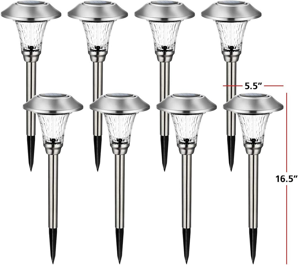 8 Pack Warm White Waterproof Glass Stainless Steel Solar Pathway Lights C775
