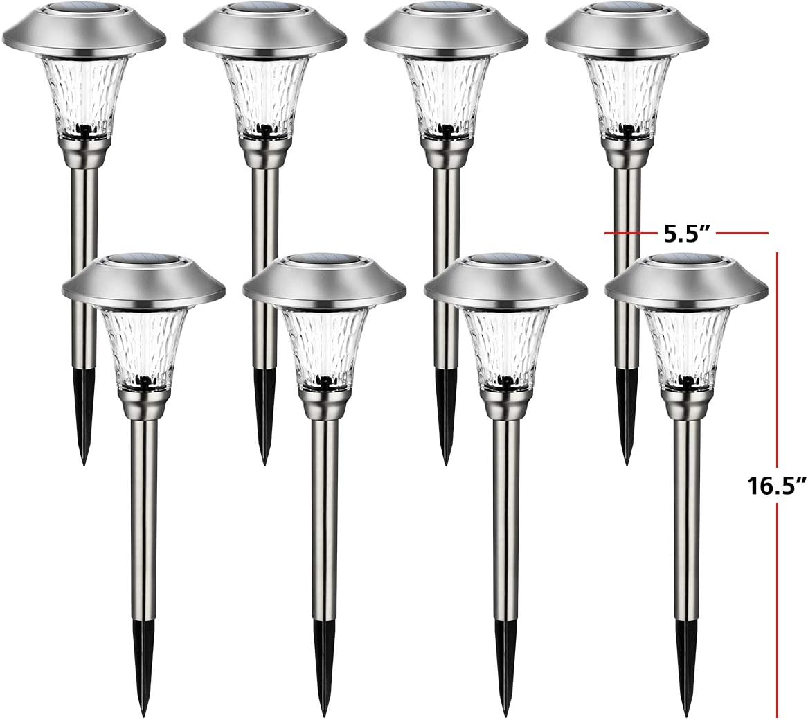8 Pack Warm White Waterproof Glass Stainless Steel Solar Pathway Lights C775