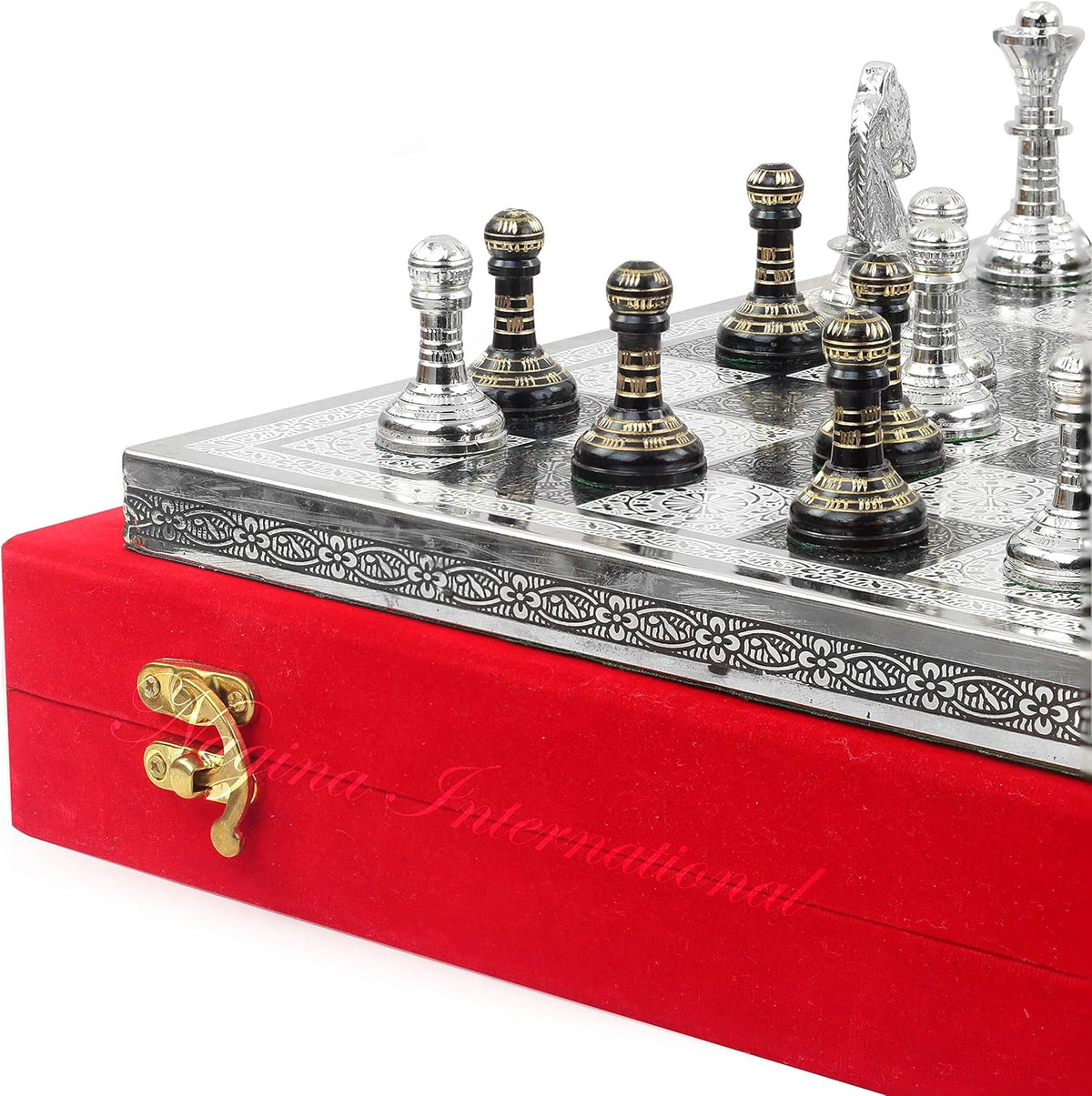 Solid Brass Black Chess Set with Red Velvet Storage Case E75503