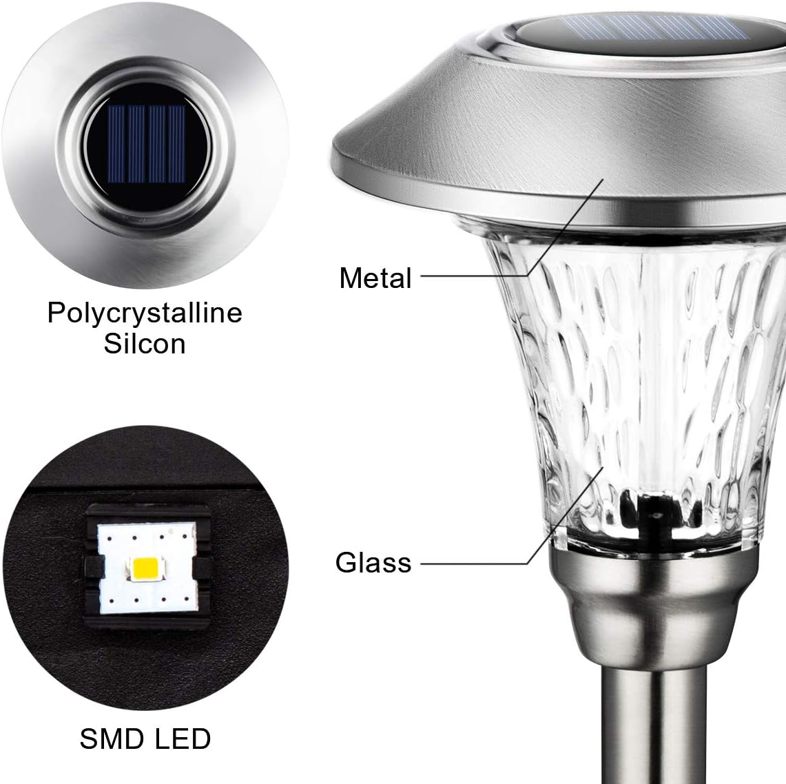 8 Pack Warm White Waterproof Glass Stainless Steel Solar Pathway Lights C775
