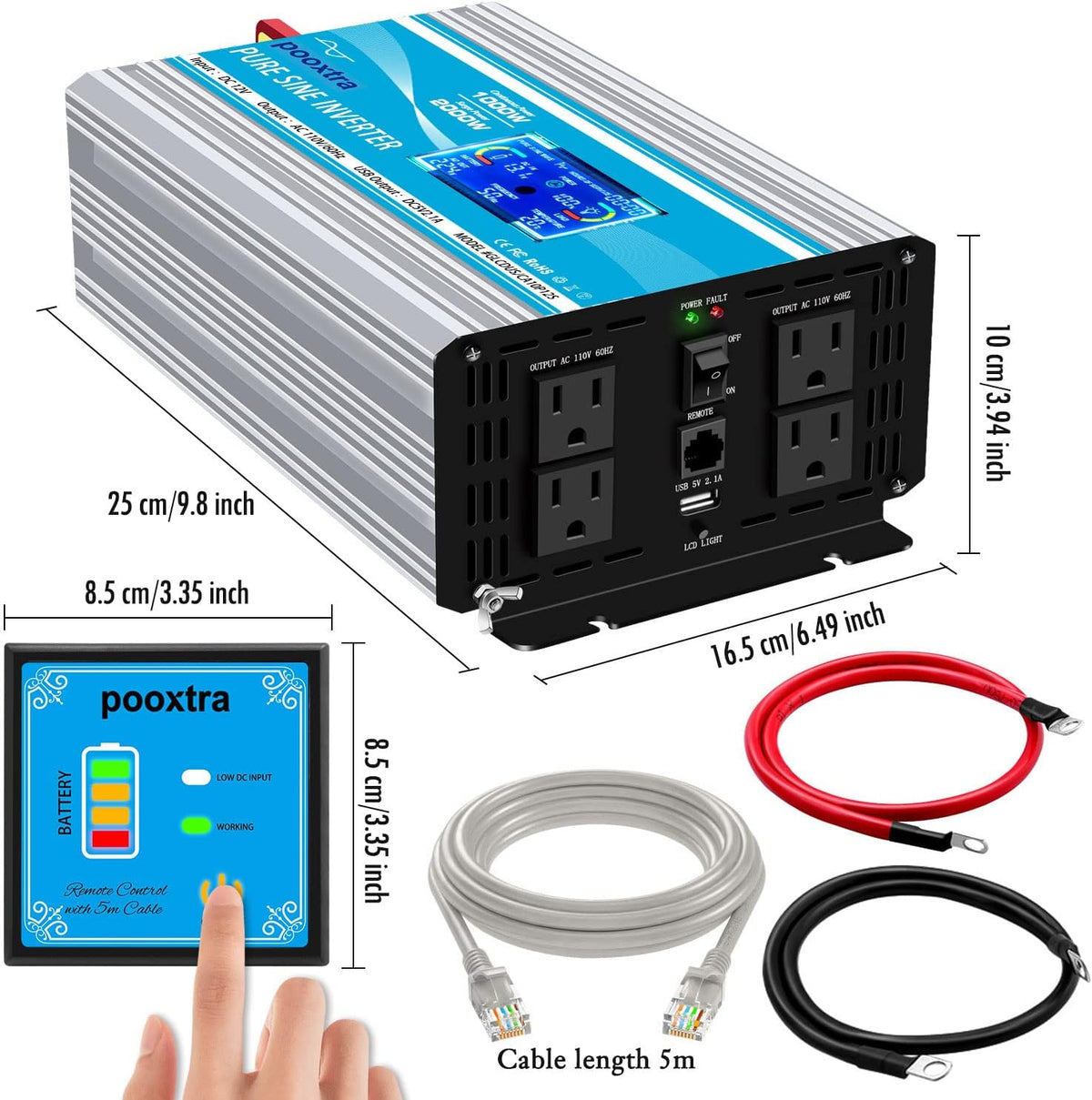 2000 Watt Pure Sine Wave Power Inverter 12V DC to 110V AC with LCD Display USB Port 4 AC Outlets Y335288