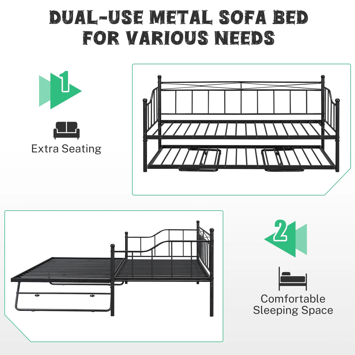 Black Twin Size Metal Daybed with Trundle J351377