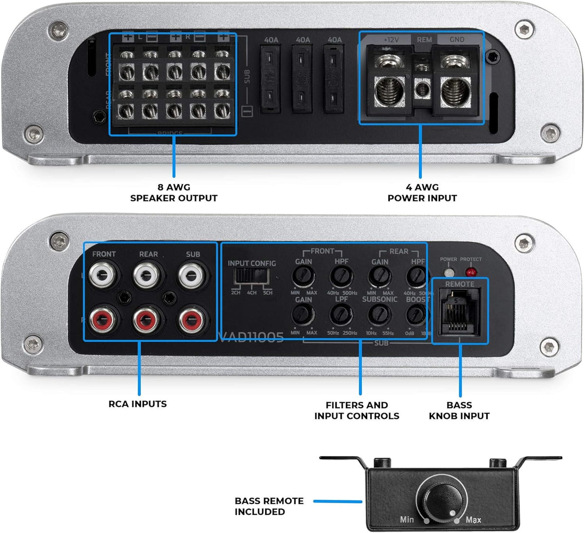 1100W Full Range Class D 5-Channel Amplifier with Bass Remote A634