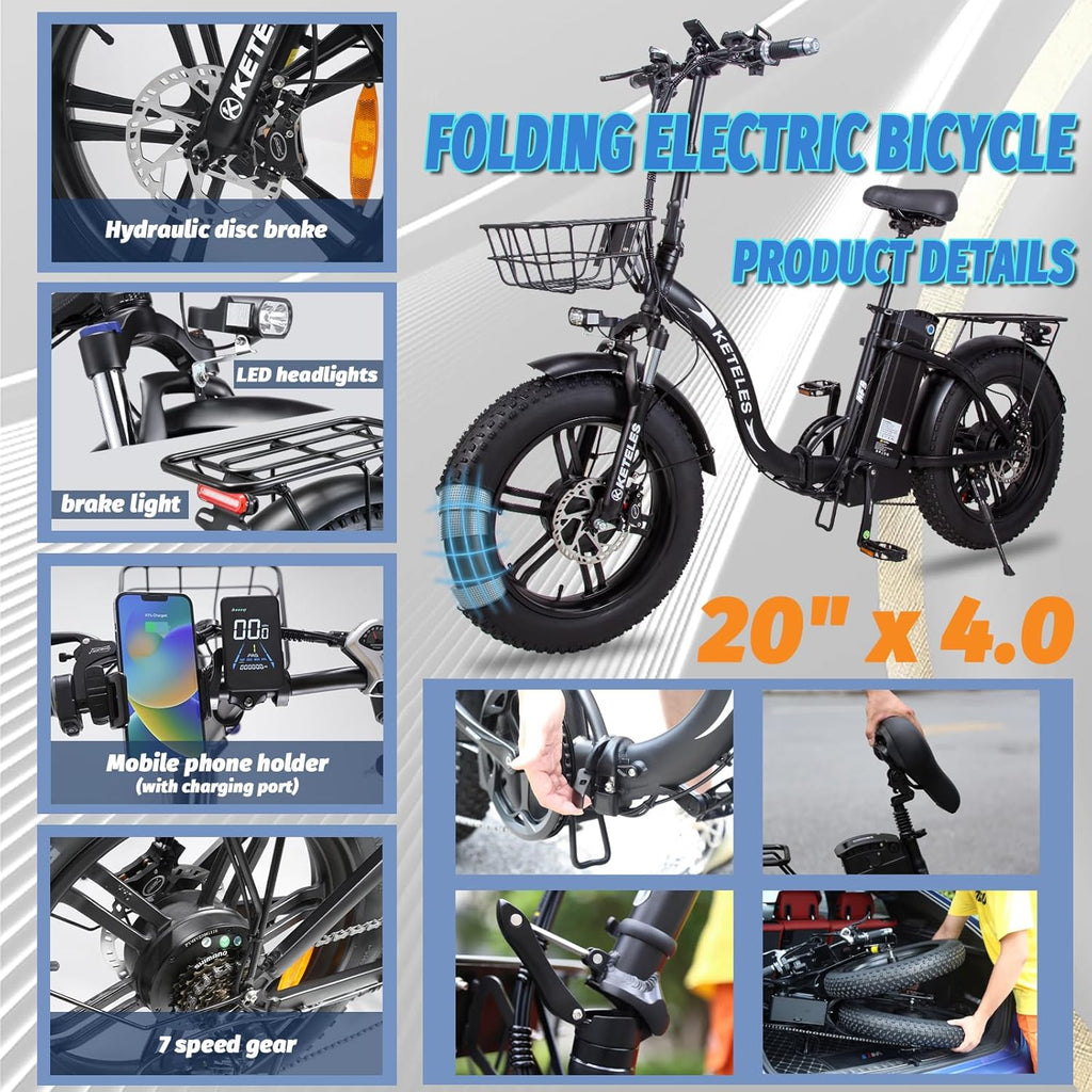 2000W Folding Electric Bike with 48V 23AH Removable Battery 20''x 4.0 Fat Tire X932
