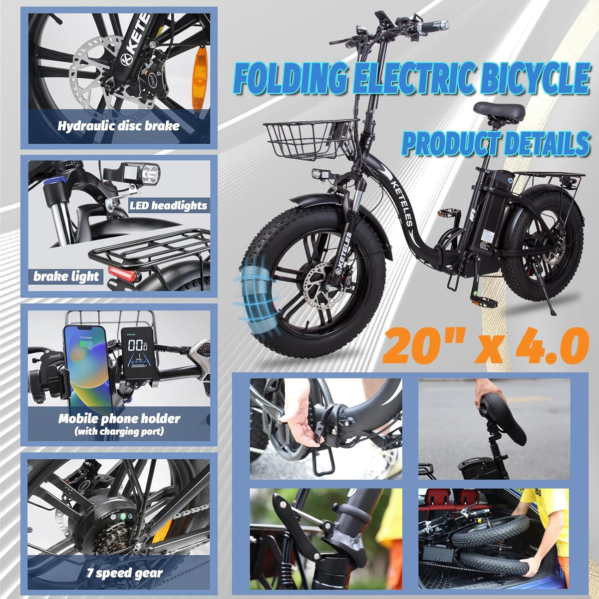 2000W Folding Electric Bike with 48V 23AH Removable Battery 20''x 4.0 Fat Tire X932