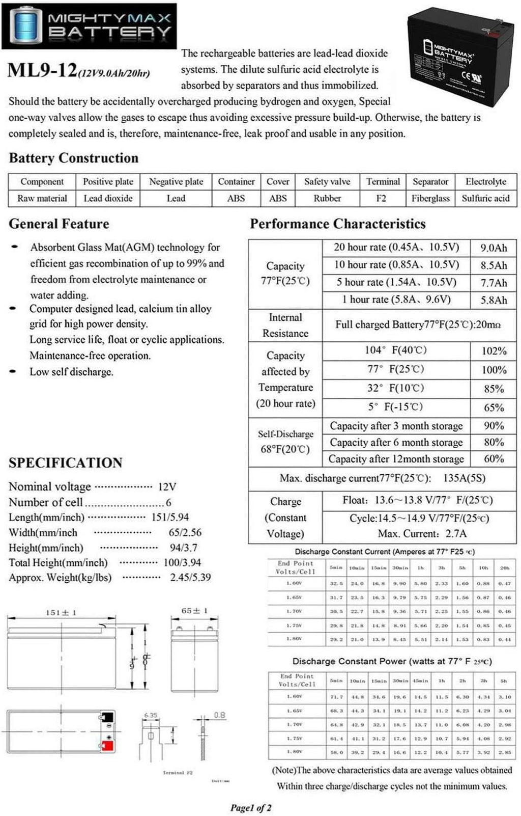 12V 9AH SLA AGM Battery W29762