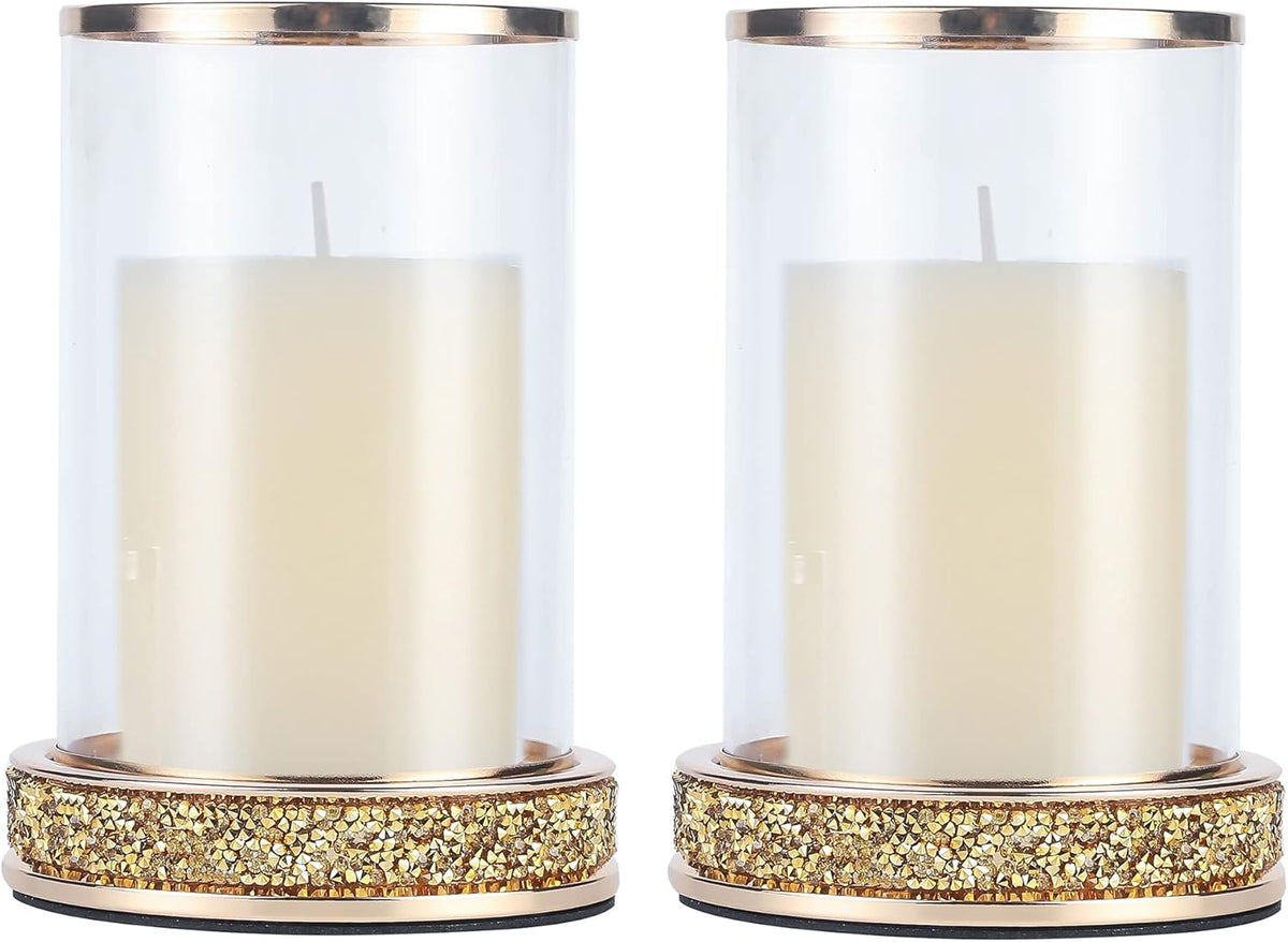 2 Pieces Silver Metal Candle Holder with Glass Hurricane Lid N774