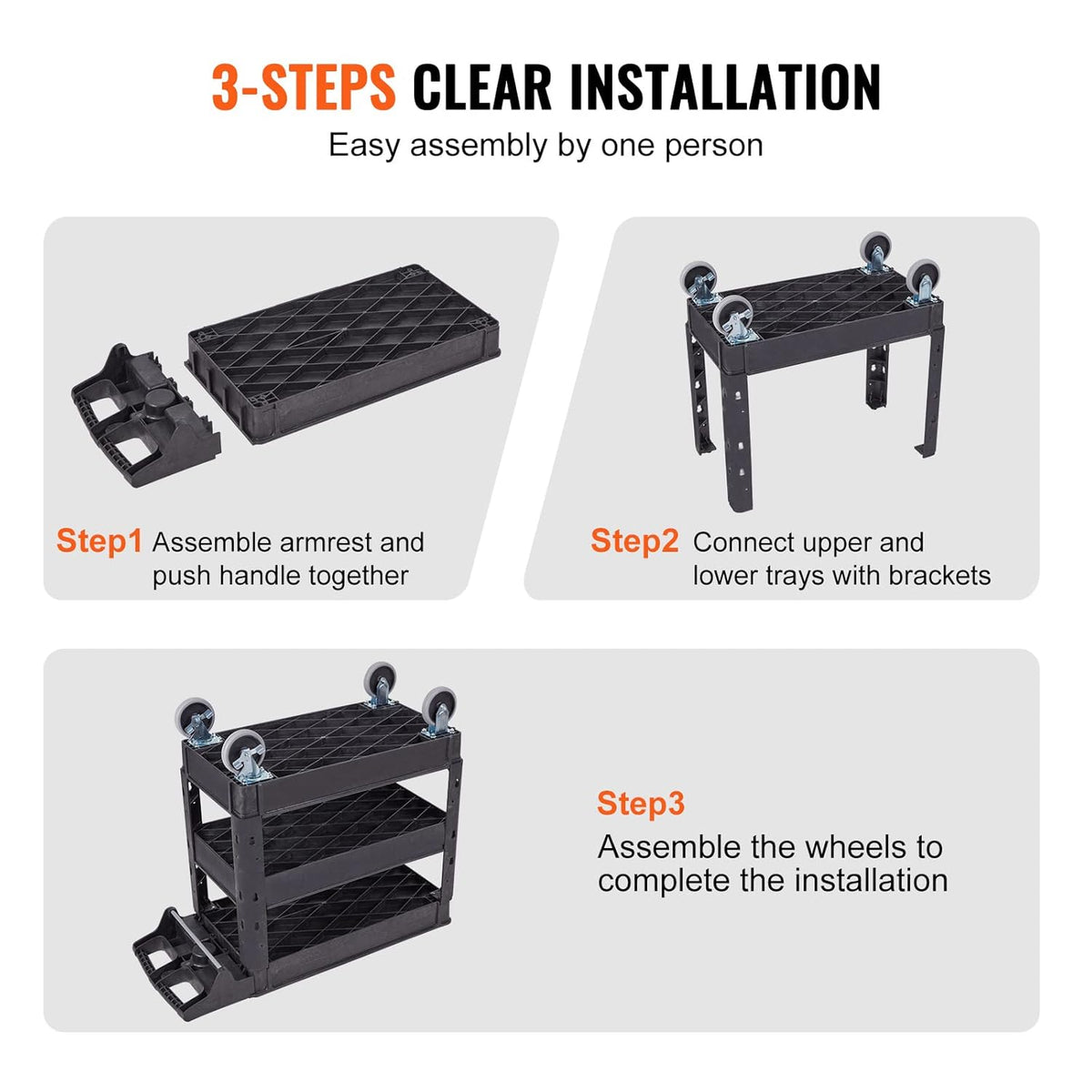 Black 3 Shelf Heavy Duty Utility Cart with Swivel Wheels O189