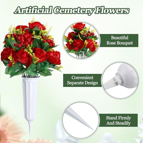 8 Bunches Silk Artificial Rose Bouquet with Grave Vase (White, Red) Q54732
