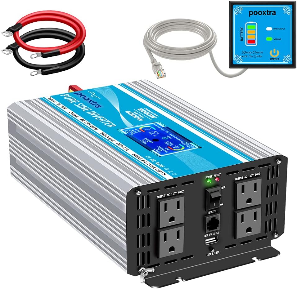 2000 Watt Pure Sine Wave Power Inverter 12V DC to 110V AC with LCD Display USB Port 4 AC Outlets Y335288