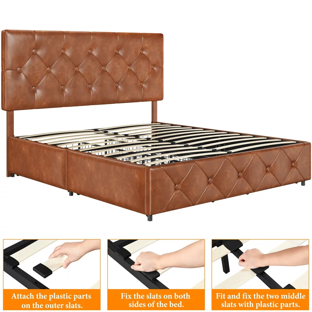Black Queen Upholstered Platform Bed with Storage E882