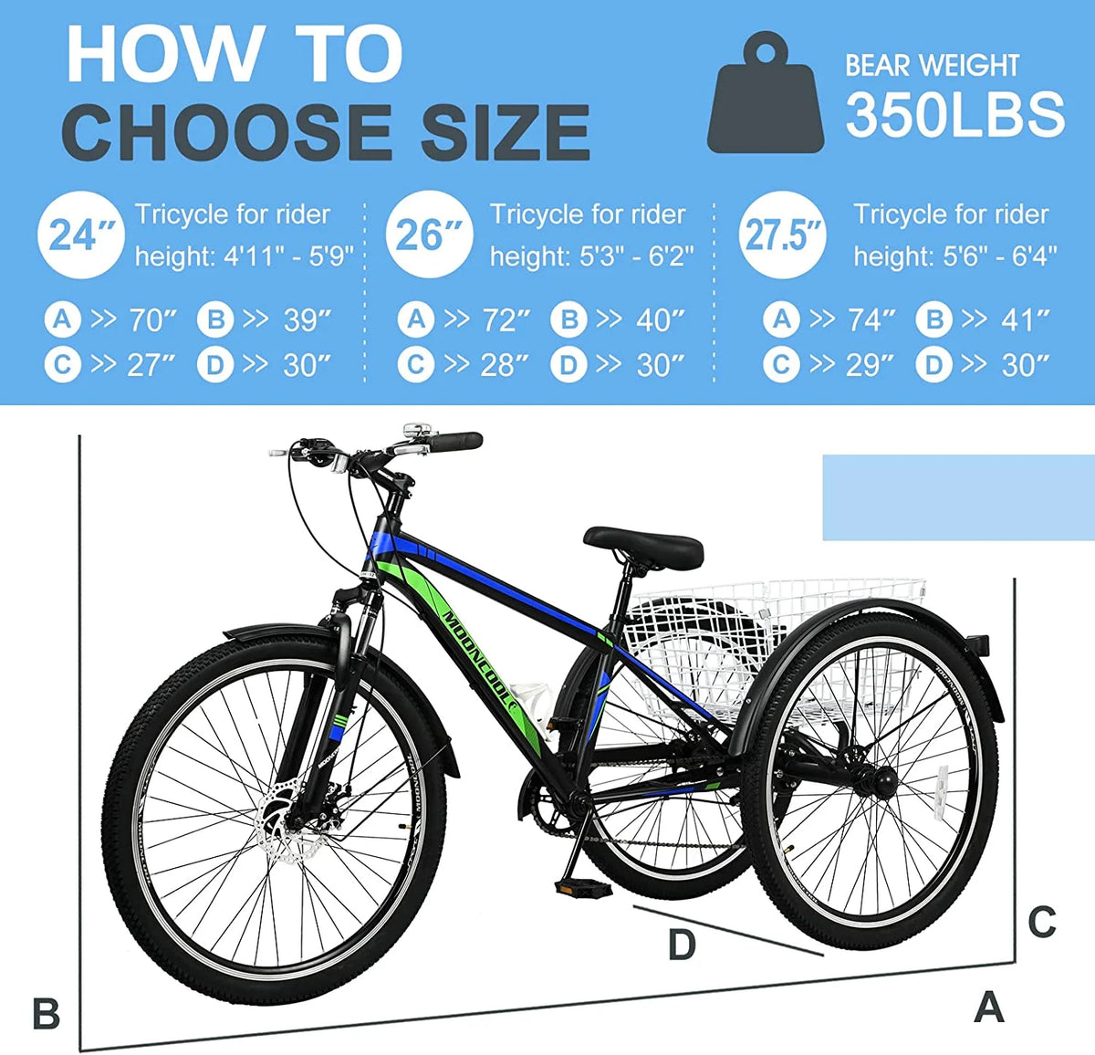 Adult Mountain Tricycle 27.5 Inch 7 Speed Three Wheel Trike Bike with Large Basket S5808
