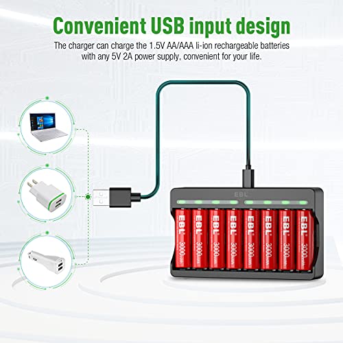 8 Pack Rechargeable AA Lithium Batteries 1.5V 3000mWh with Charger P904429