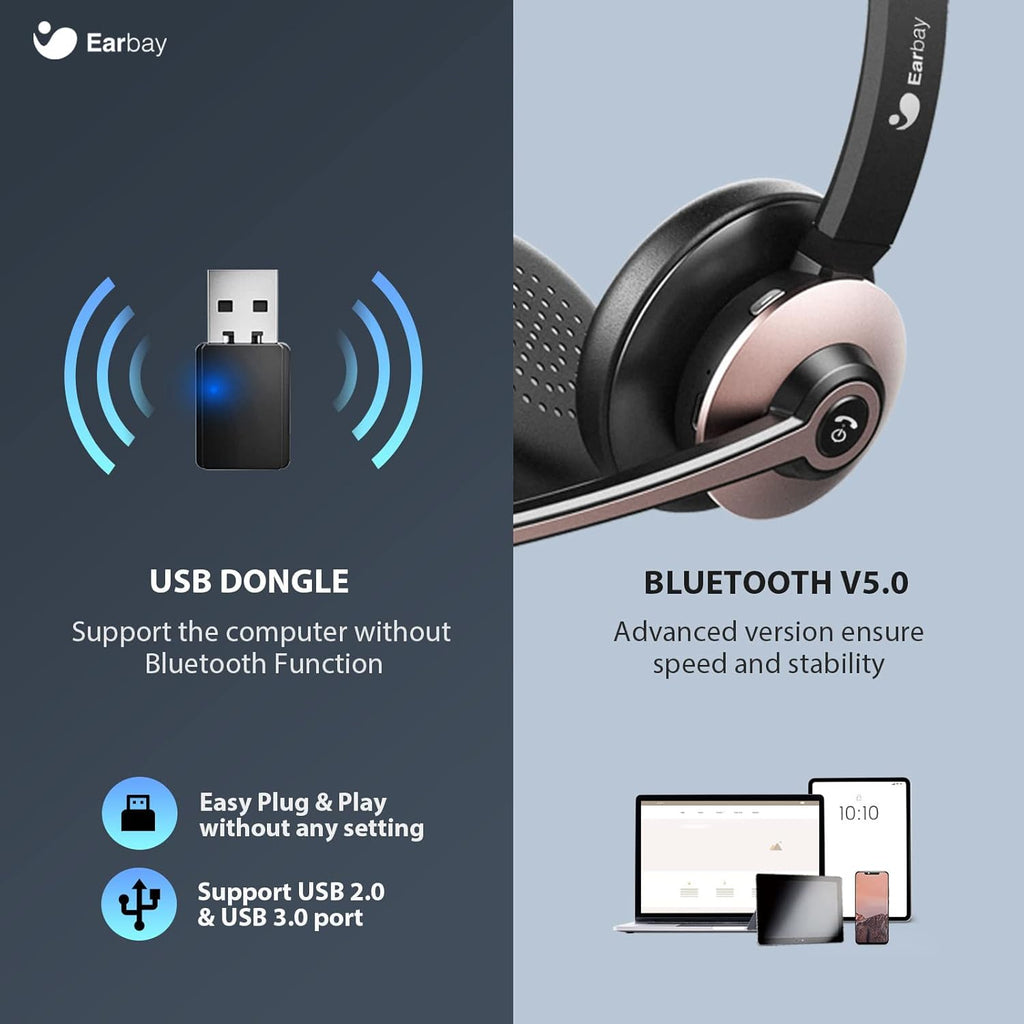 Wireless Bluetooth 5.0 On-Ear Headset with Microphone and USB Dongle, Pack of 2 D933