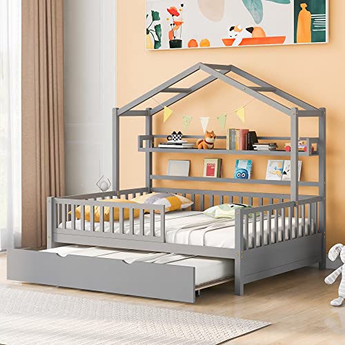 Pink Full Size Wooden House Bed with 2 Drawers Q770