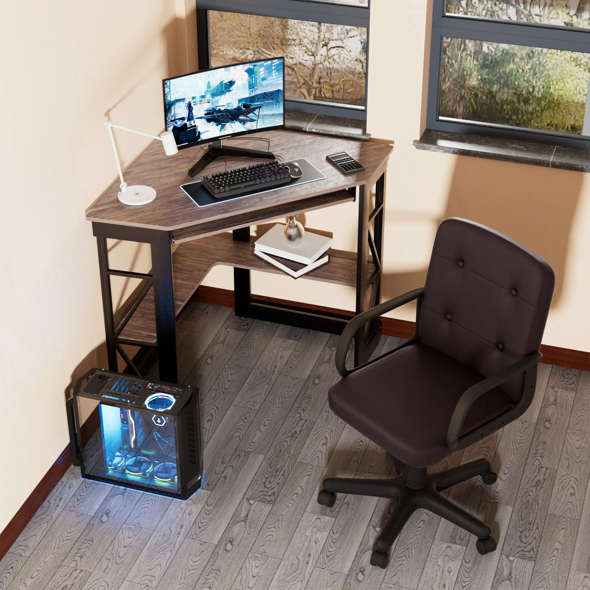 Corner Computer Desk & Chair Set, Adjustable Height Ergonomic Office Chair with Keyboard Tray and Storage Shelf X797529
