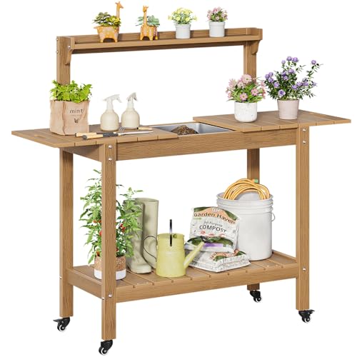 Outdoor Potting Bench with Sliding Tabletop, 4 Wheels, Removable Sink I986133