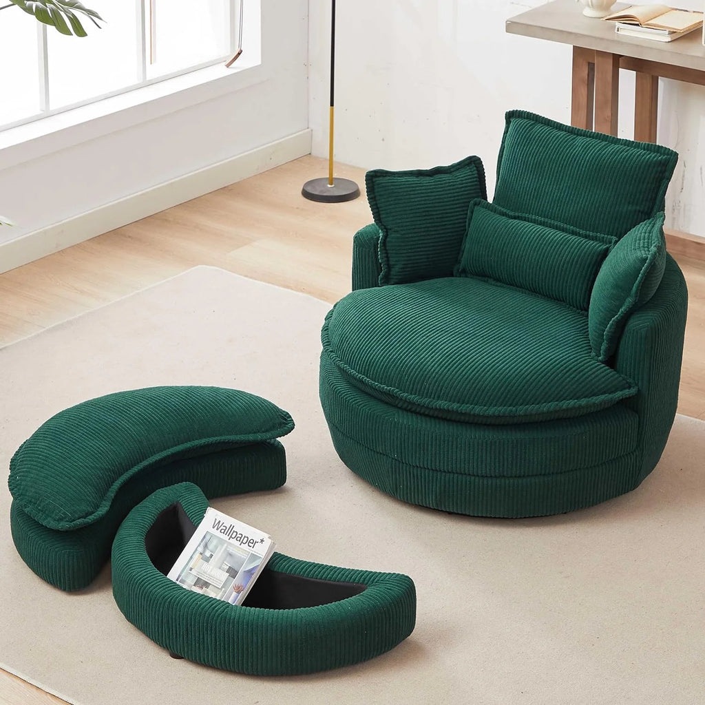 Beige Corduroy Tufted Swivel Accent Chair with Ottoman G2864