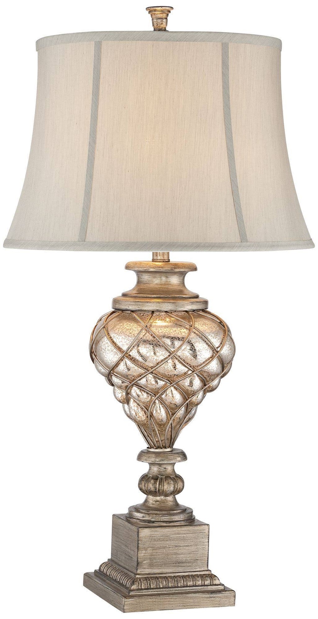 Traditional Table Lamp with Nightlight LED Mercury Glass Off White Fabric Bell Shade N516