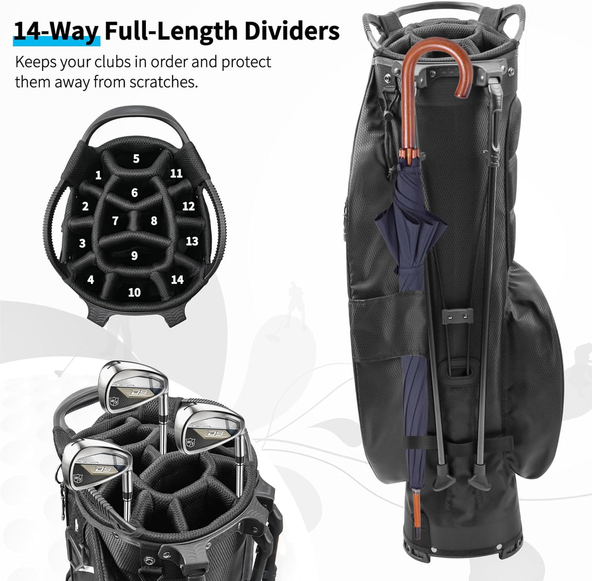 Black 14 Way Full-Length Dividers Lightweight Waterproof Golf Bag with Stand G86933