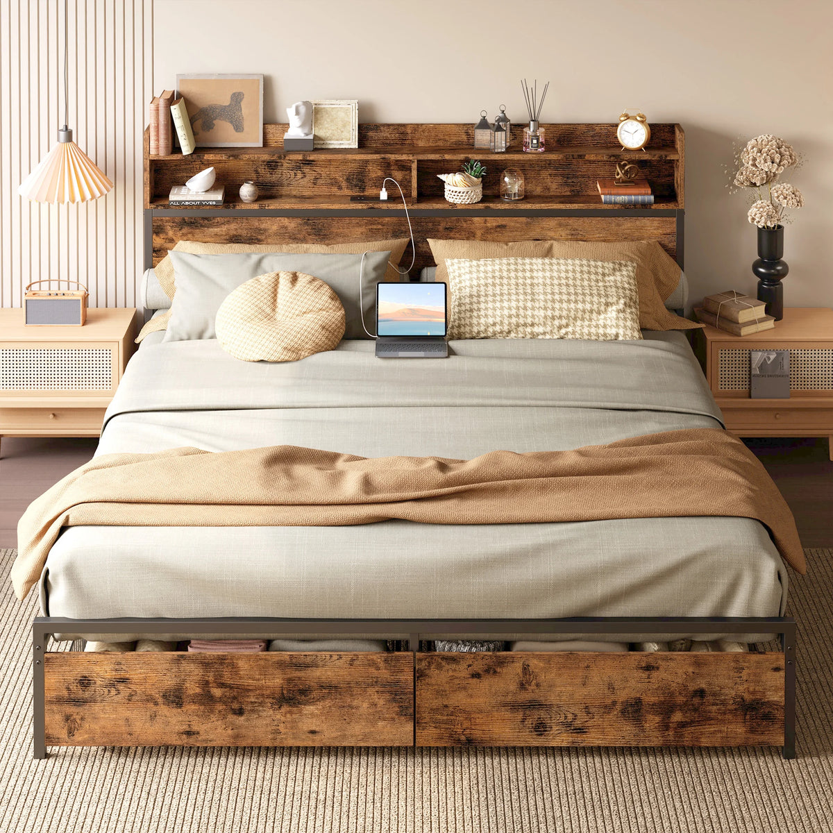 Full Platform Bed Frame with Storage Headboard and 2 Under-bed Drawers C2268