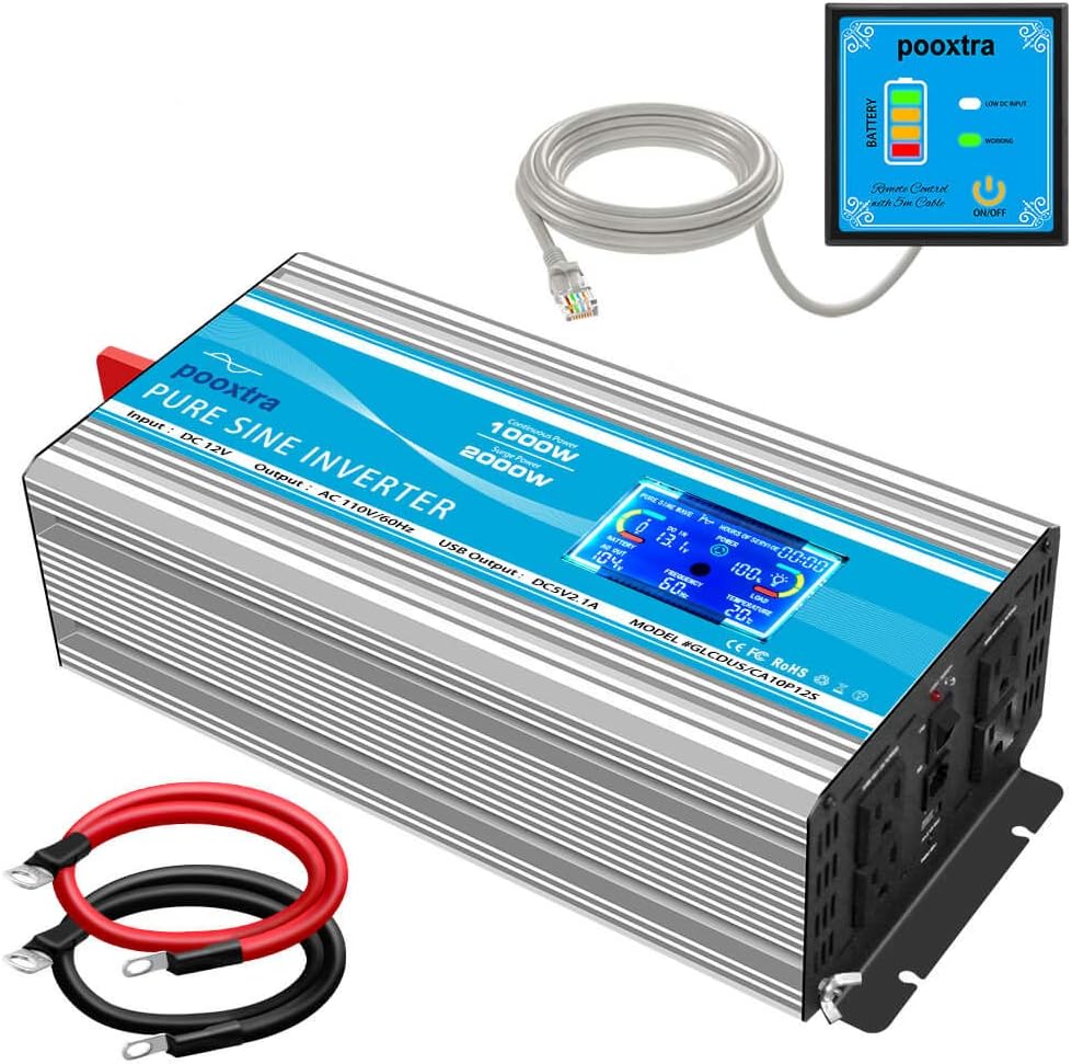 2000 Watt Pure Sine Wave Power Inverter 12V DC to 110V AC with LCD Display USB Port 4 AC Outlets Y335288