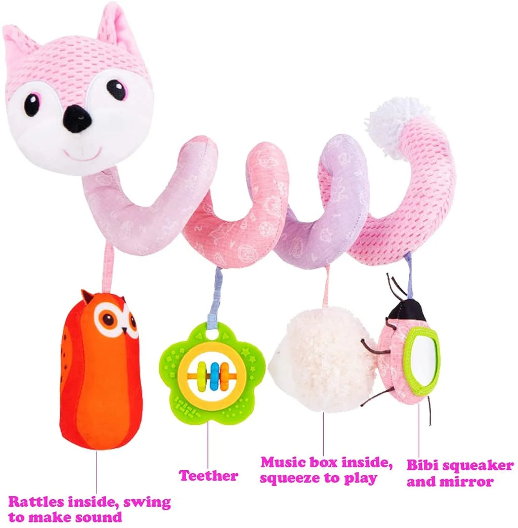 Pink Fox Baby Car Seat Toys with Musical Sheep Rattles Owl Ladybird Distorting Mirror Y980626