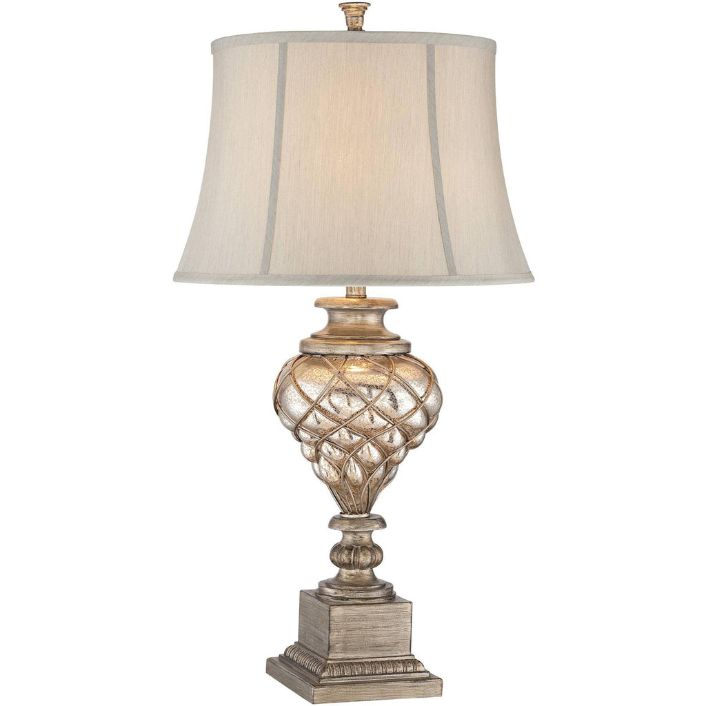 Traditional Table Lamp with Nightlight LED Mercury Glass Off White Fabric Bell Shade N516